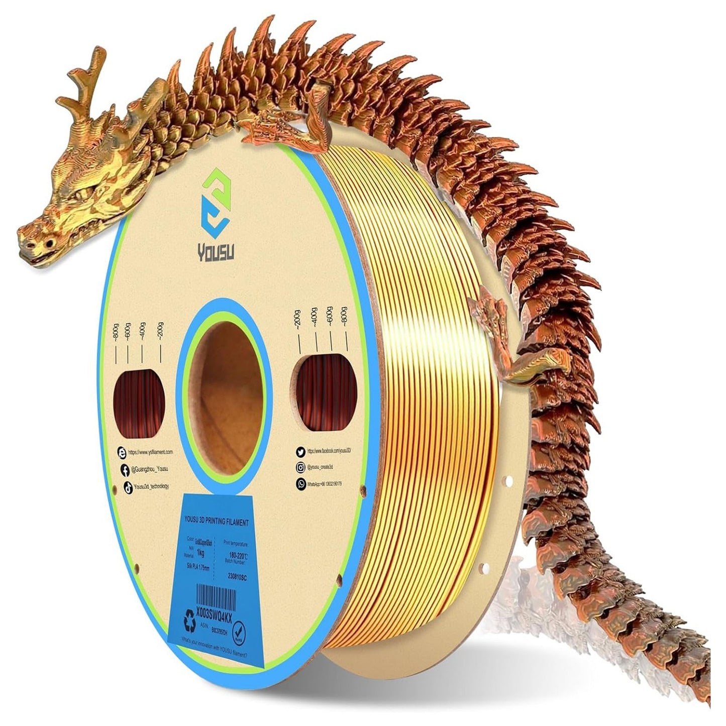 Triple Color Silk PLA Filament 1.75mm for 3D Printers - Red, Gold, Blue - High Accuracy +/- 0.03mm, 1kg (2.2 lbs) by YOUSU