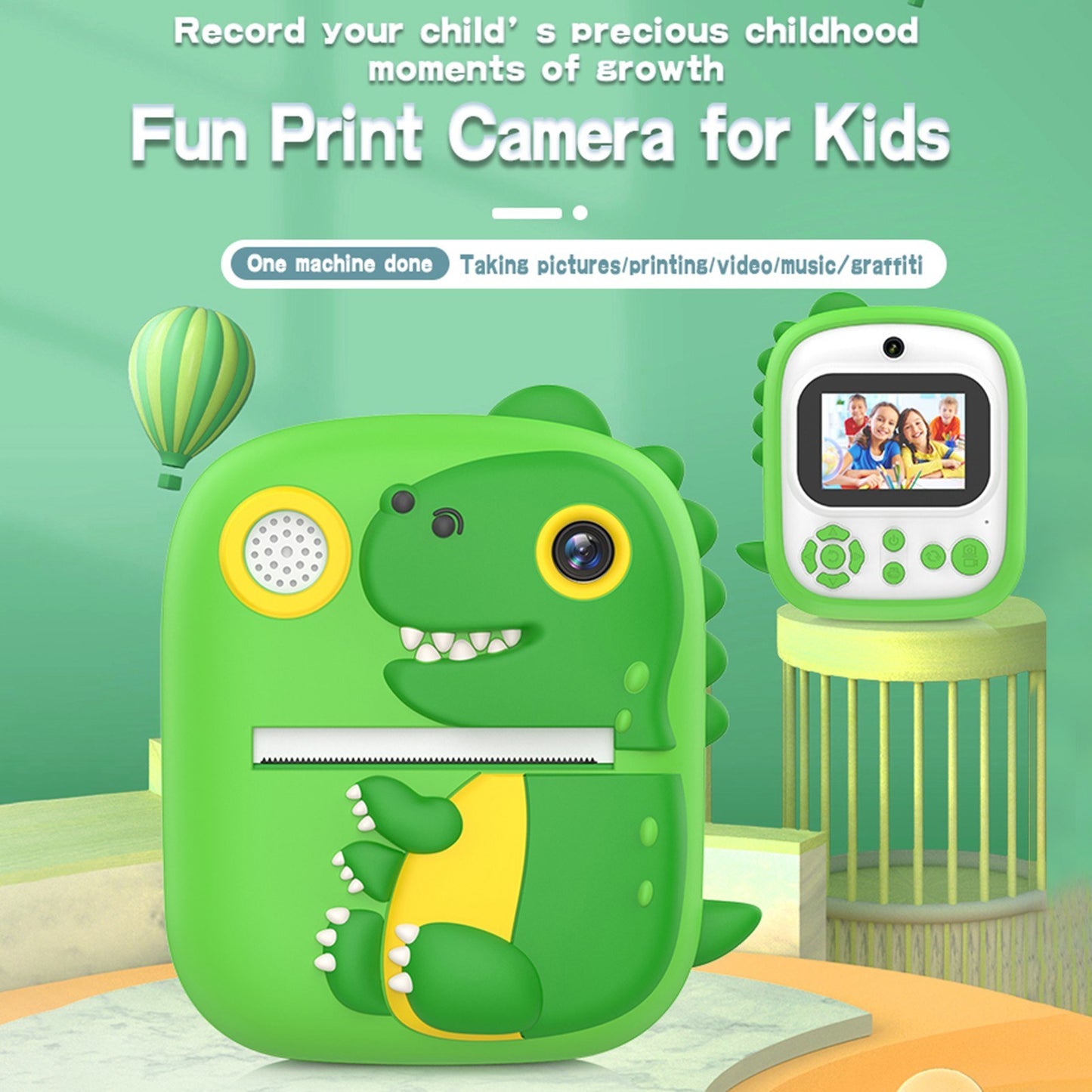 Childrens Portable Mini Photo Printer with Dual 1200W Cameras, 2.4 Screen, Music & Games, OTG, 3 Print Rolls, 32GB Card & Reader