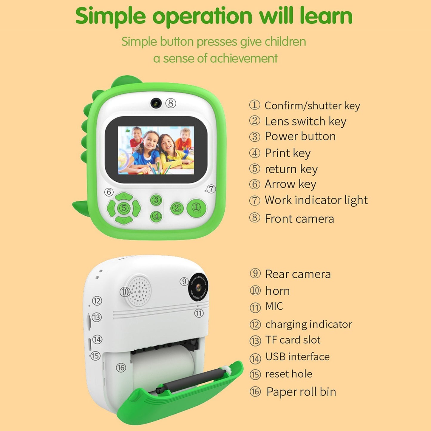 Childrens Portable Mini Photo Printer with Dual 1200W Cameras, 2.4 Screen, Music & Games, OTG, 3 Print Rolls, 32GB Card & Reader