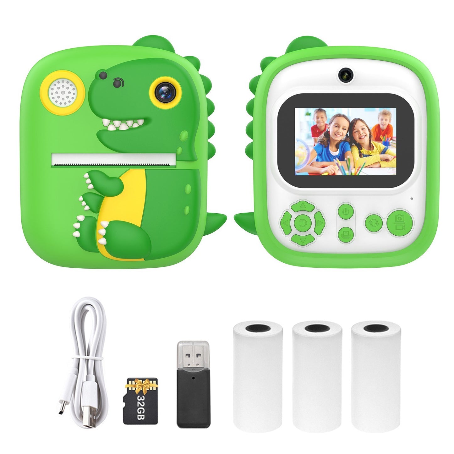 Childrens Portable Mini Photo Printer with Dual 1200W Cameras, 2.4 Screen, Music & Games, OTG, 3 Print Rolls, 32GB Card & Reader