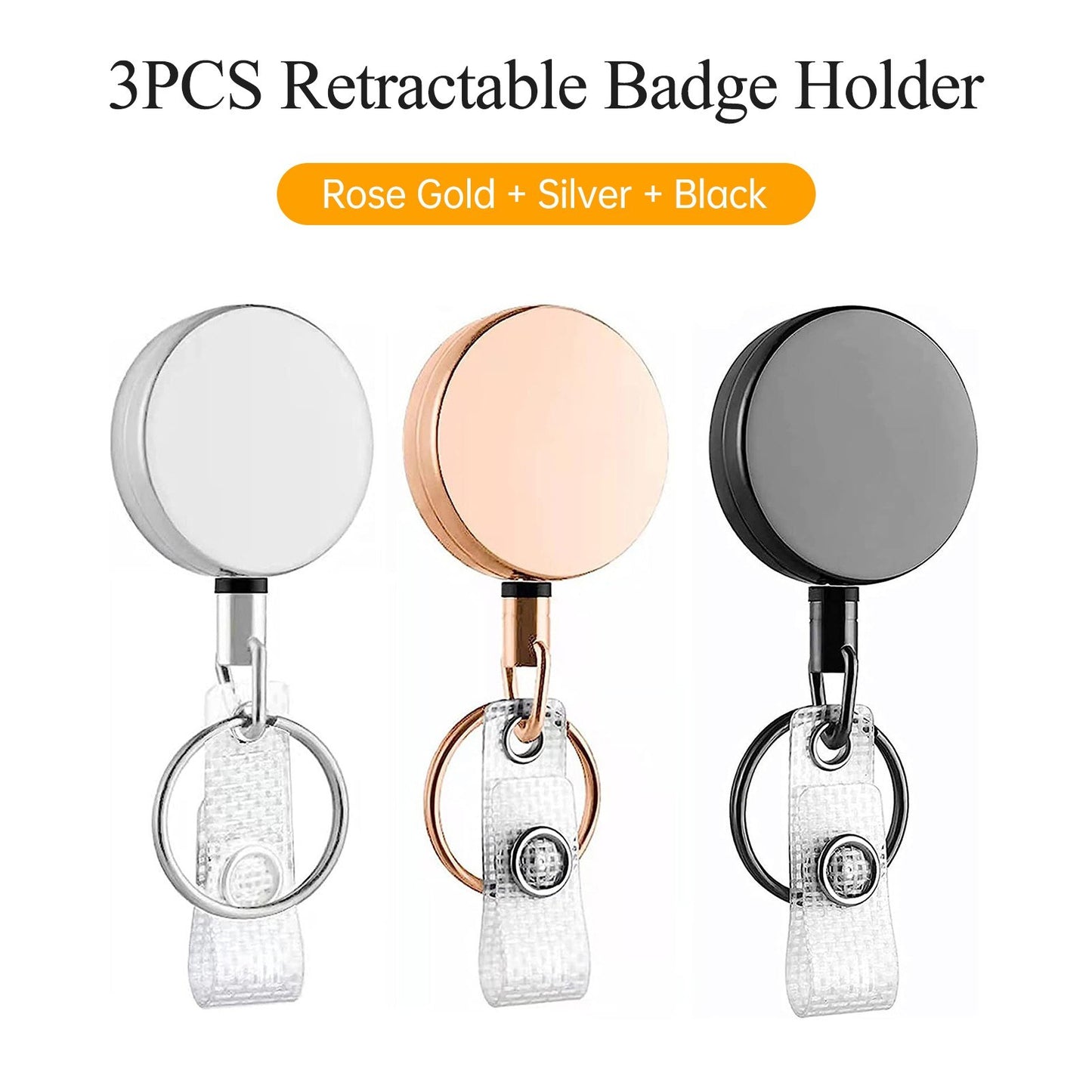 3-Pack Metal Retractable Badge Holder with Key Ring Clip and ID Lanyard