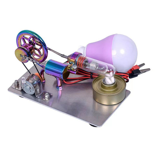 Stirling Engine Electricity Generator with LED Bulb and Star Pattern Flywheel
