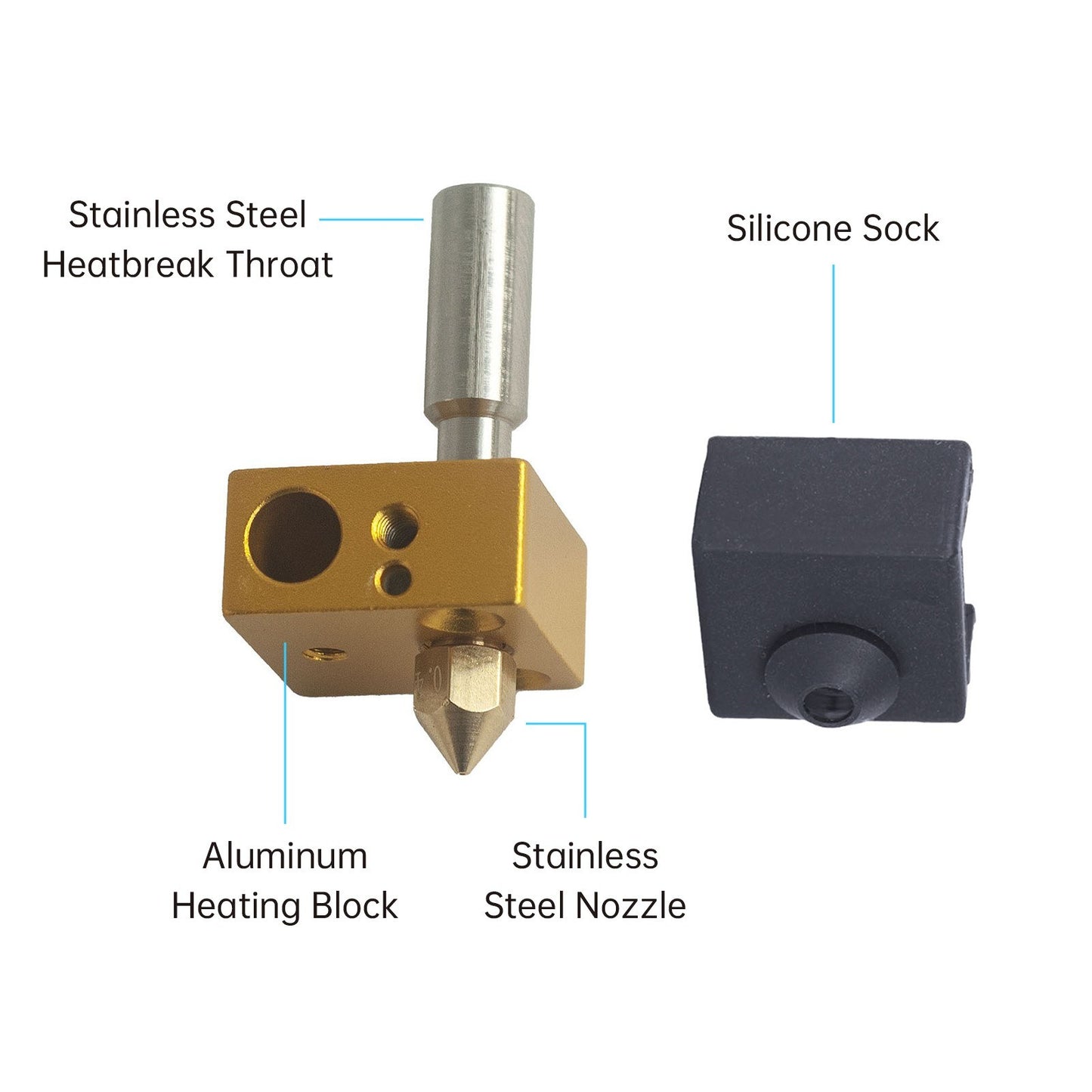 MK8 3D Printer Upgrade Kit: Heatbreak Throat, Silicone Sock, Heater Block & Nozzle Set