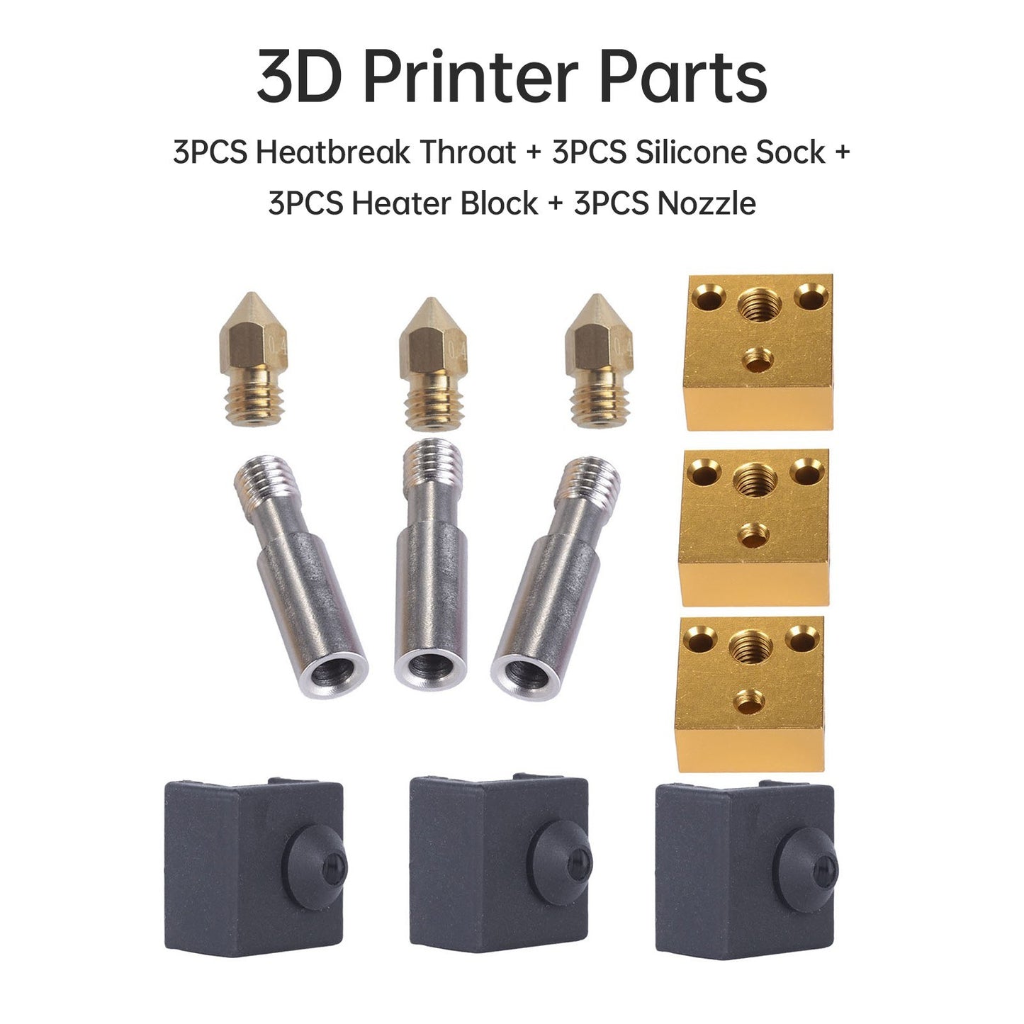 MK8 3D Printer Upgrade Kit: Heatbreak Throat, Silicone Sock, Heater Block & Nozzle Set
