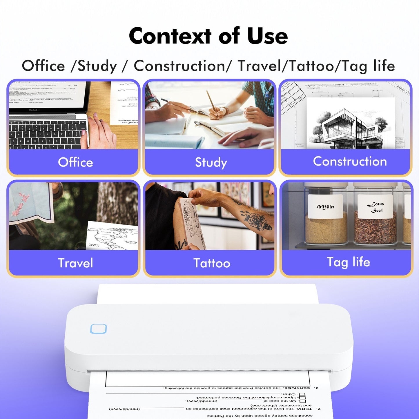 A4 Portable Ink-less Thermal Transfer Printer for Windows/Mac - Tattoo Patterns, PDFs, Webpages, Contracts, Pictures + 1 Paper Roll
