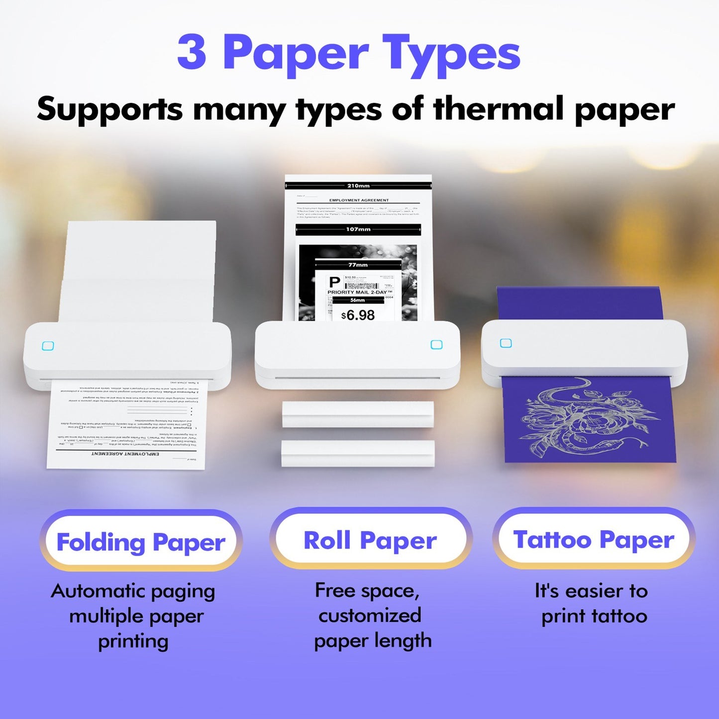 A4 Portable Ink-less Thermal Transfer Printer for Windows/Mac - Tattoo Patterns, PDFs, Webpages, Contracts, Pictures + 1 Paper Roll