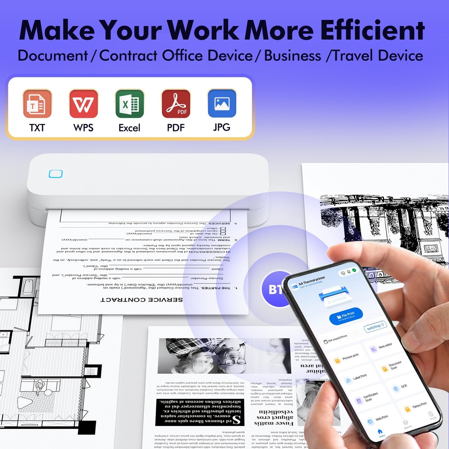 A4 Portable Ink-less Thermal Transfer Printer for Windows/Mac - Tattoo Patterns, PDFs, Webpages, Contracts, Pictures + 1 Paper Roll