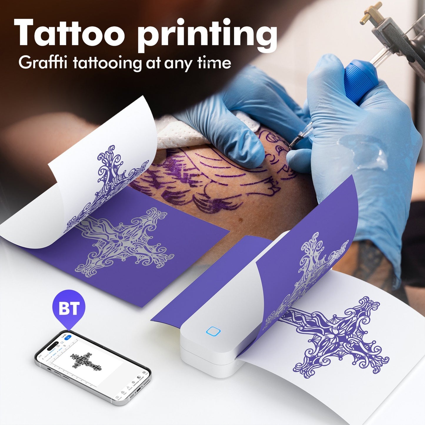 A4 Portable Ink-less Thermal Transfer Printer for Windows/Mac - Tattoo Patterns, PDFs, Webpages, Contracts, Pictures + 1 Paper Roll