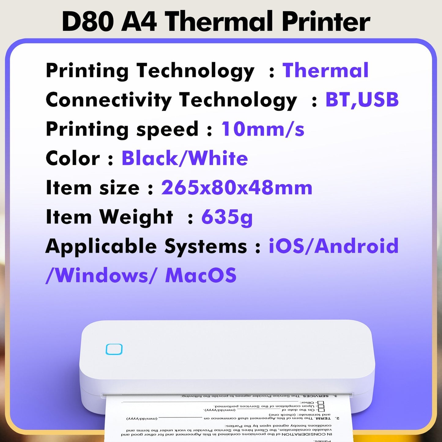 A4 Portable Ink-less Thermal Transfer Printer for Windows/Mac - Tattoo Patterns, PDFs, Webpages, Contracts, Pictures + 1 Paper Roll