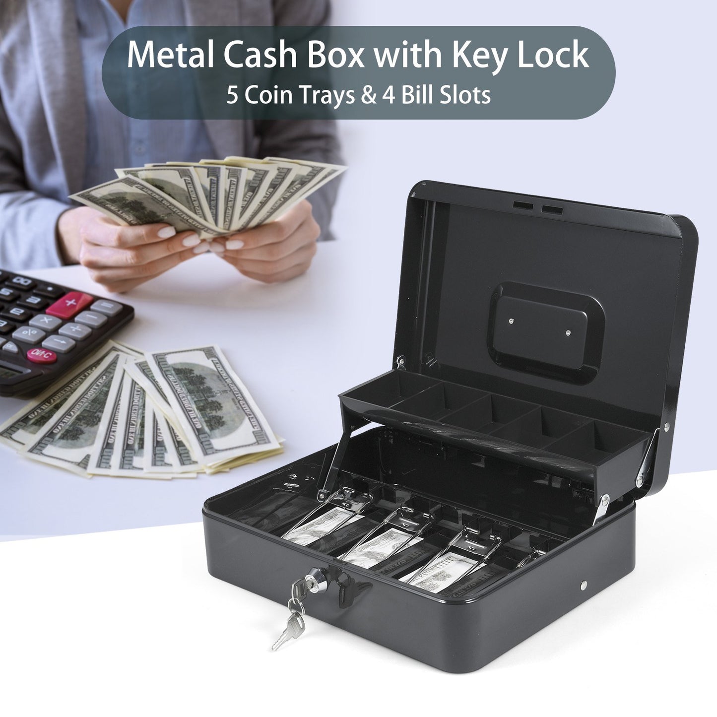 Secure Metal Cash Box with Cantilever Coin Trays & Spring Clips - 4 Bill Slots, 2 Key Lock, 11.8x9.44x3.54in