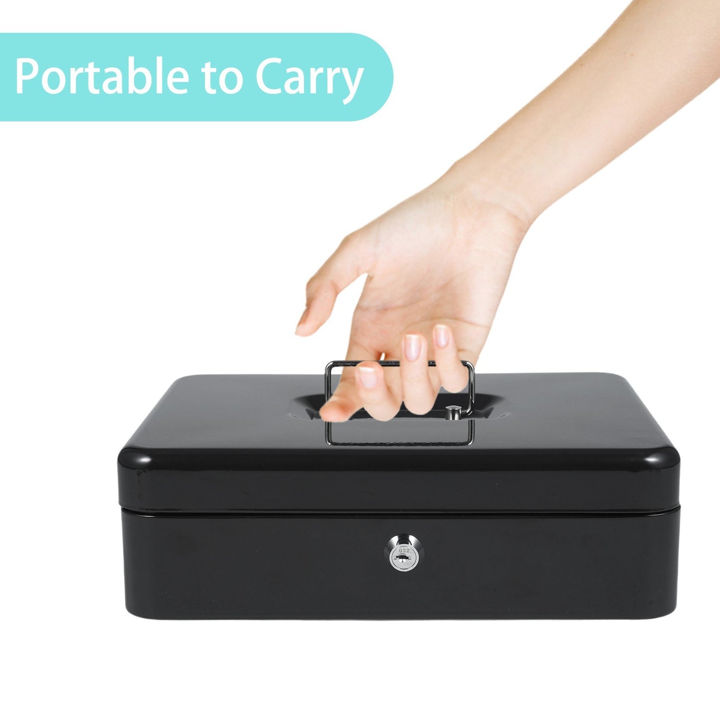 Secure Metal Cash Box with Cantilever Coin Trays & Spring Clips - 4 Bill Slots, 2 Key Lock, 11.8x9.44x3.54in