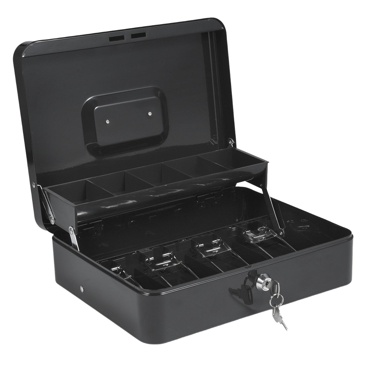 Secure Metal Cash Box with Cantilever Coin Trays & Spring Clips - 4 Bill Slots, 2 Key Lock, 11.8x9.44x3.54in