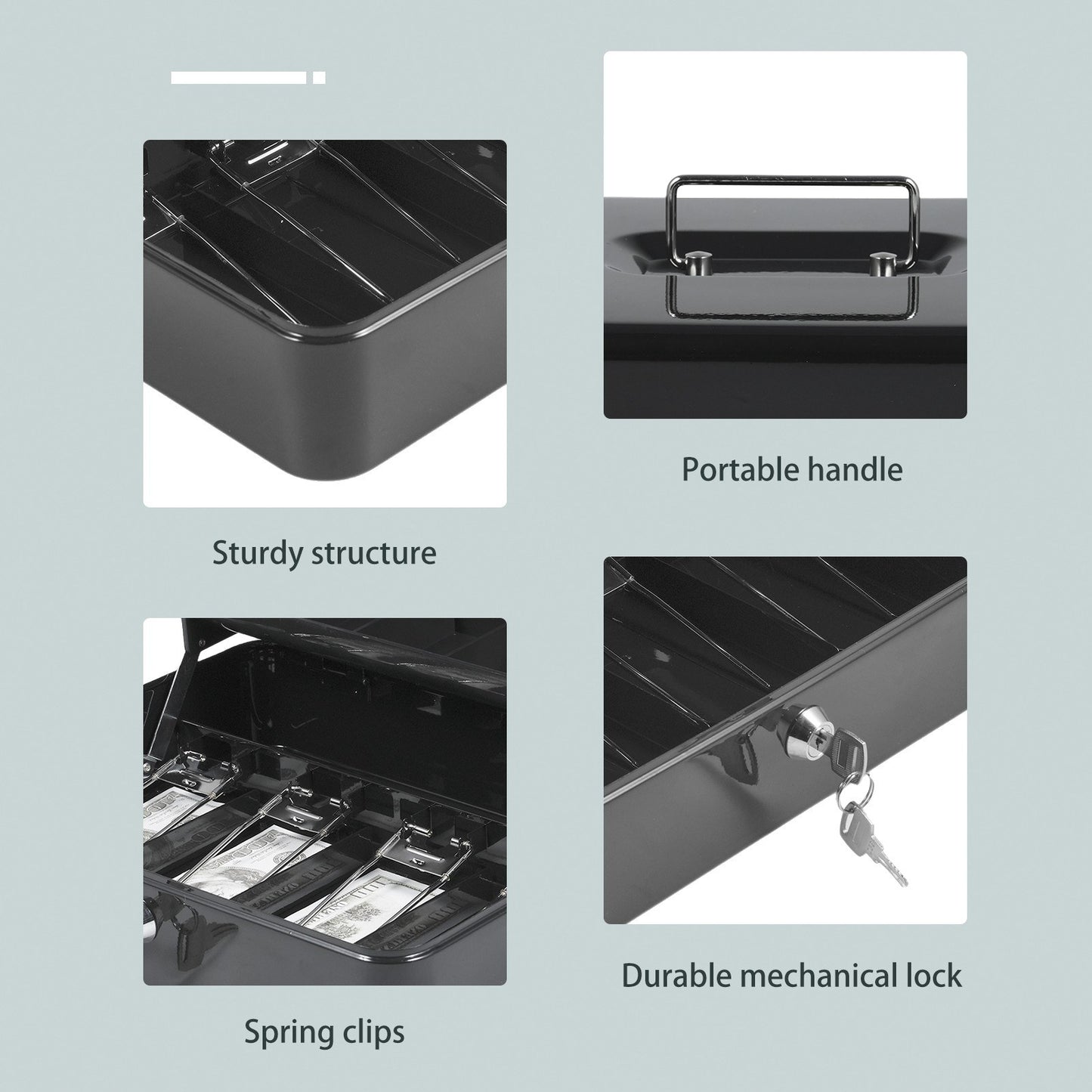 Secure Metal Cash Box with Cantilever Coin Trays & Spring Clips - 4 Bill Slots, 2 Key Lock, 11.8x9.44x3.54in