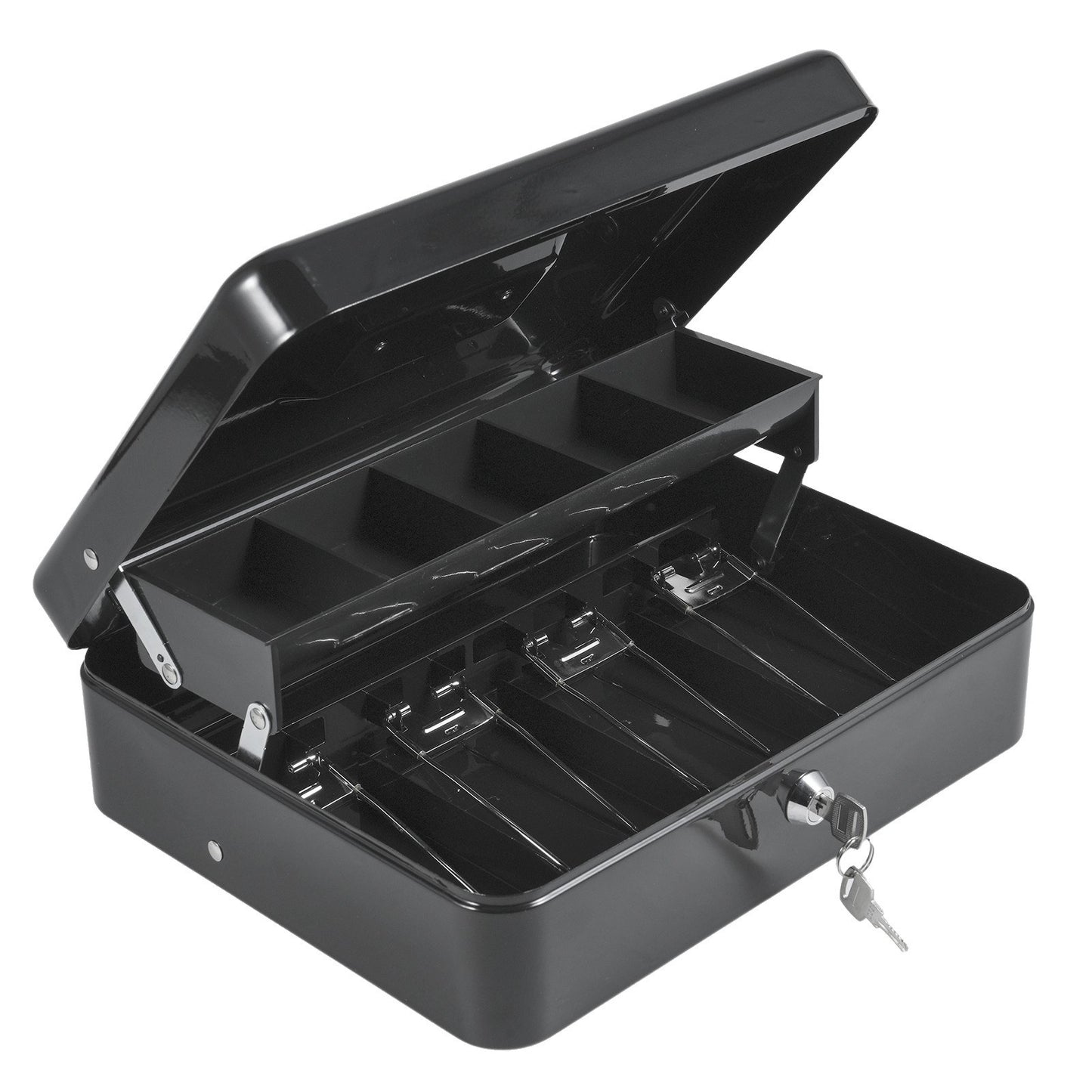 Secure Metal Cash Box with Cantilever Coin Trays & Spring Clips - 4 Bill Slots, 2 Key Lock, 11.8x9.44x3.54in