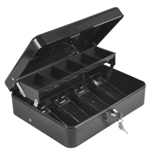 Secure Metal Cash Box with Cantilever Coin Trays & Spring Clips - 4 Bill Slots, 2 Key Lock, 11.8x9.44x3.54in