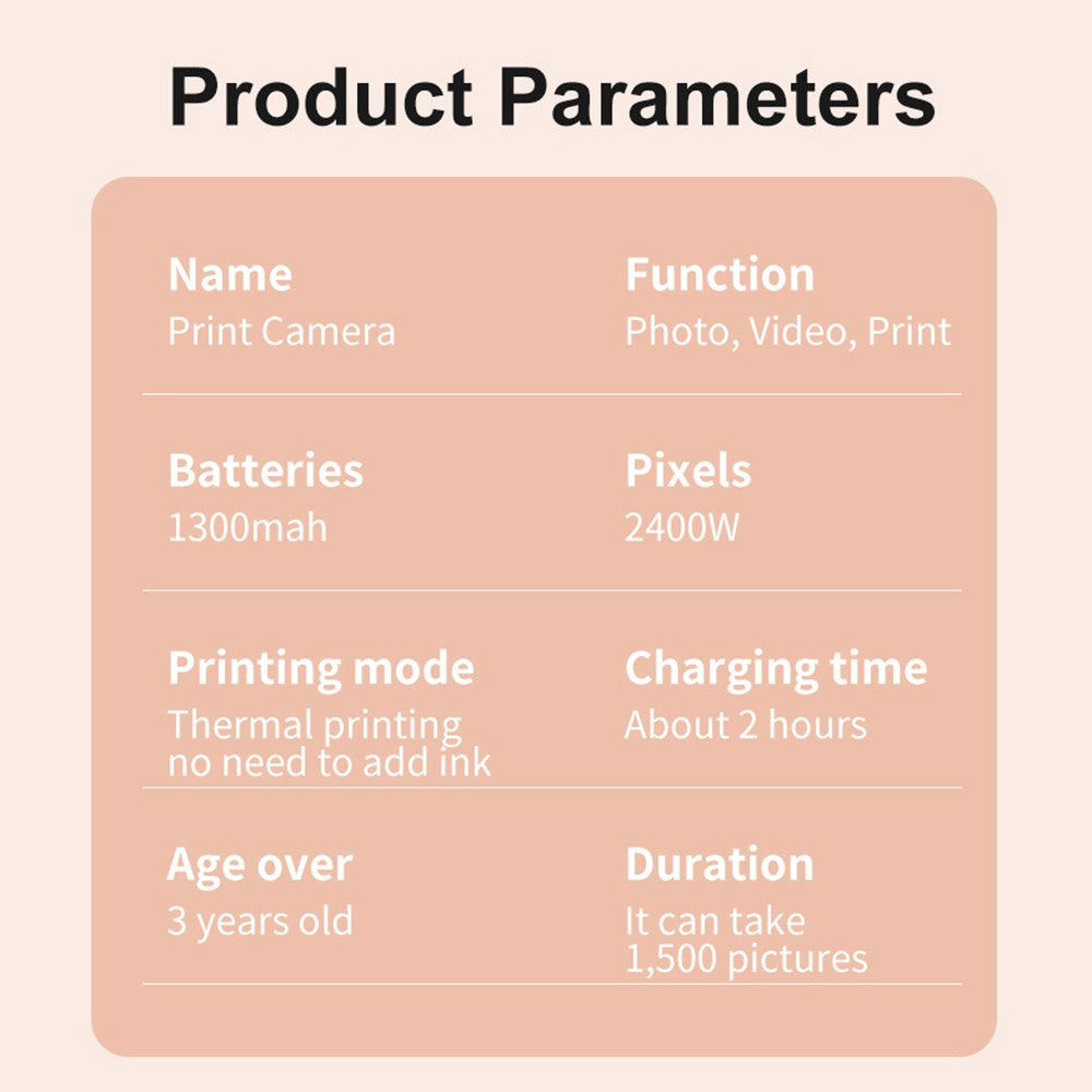 1080P Kids Digital Camera with Thermal Printing, 2.4-Inch IPS Screen, Selfie & Video, Auto Focus, Includes 2 Print Paper Rolls