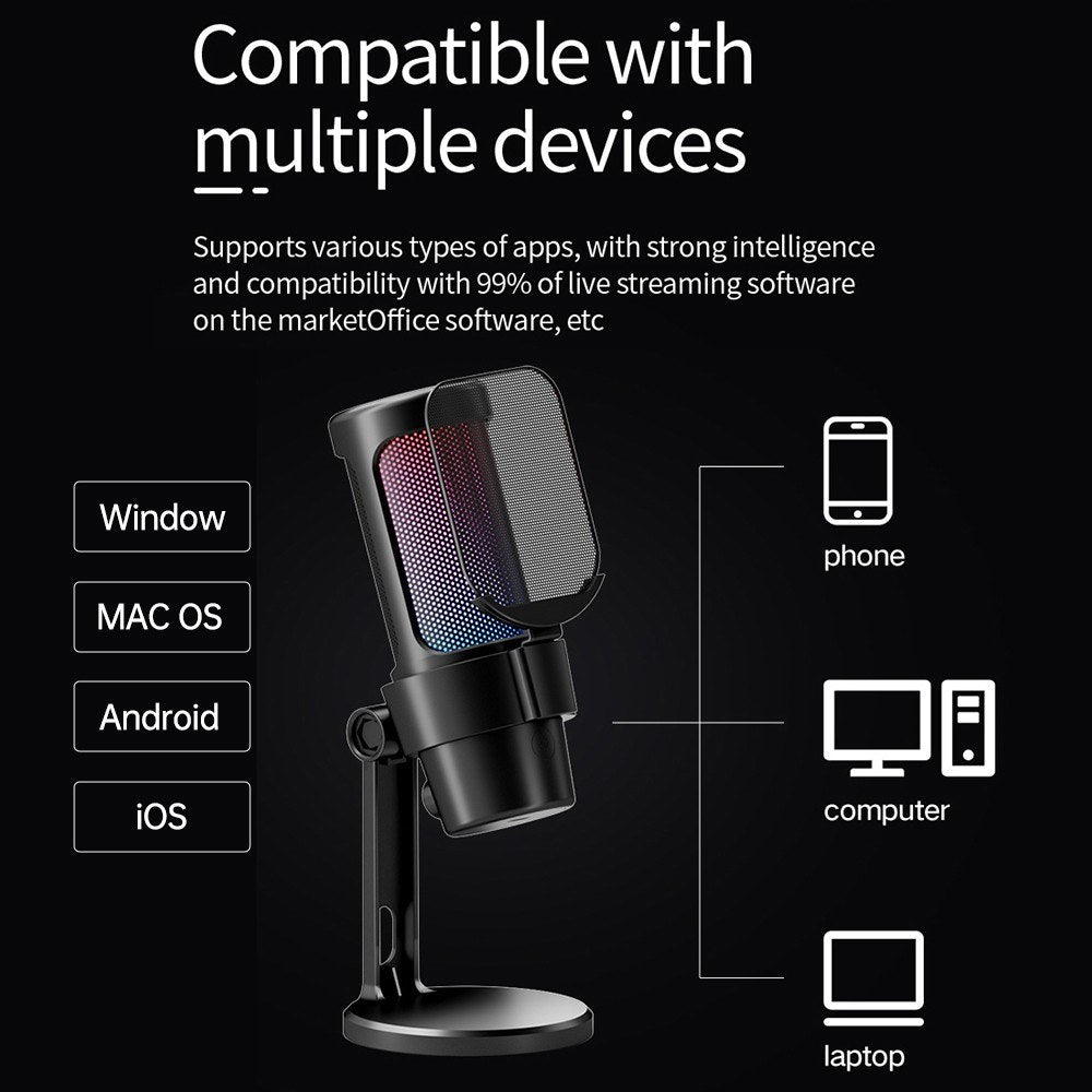 RGB USB Gaming Microphone Kit with Tripod, Cardioid Mode, Mute & Gain Control