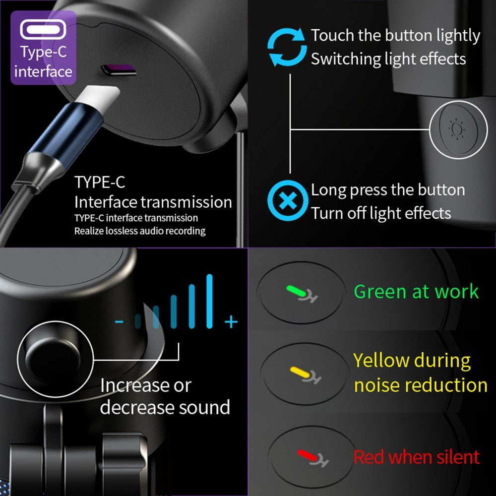 RGB USB Gaming Microphone Kit with Tripod, Cardioid Mode, Mute & Gain Control