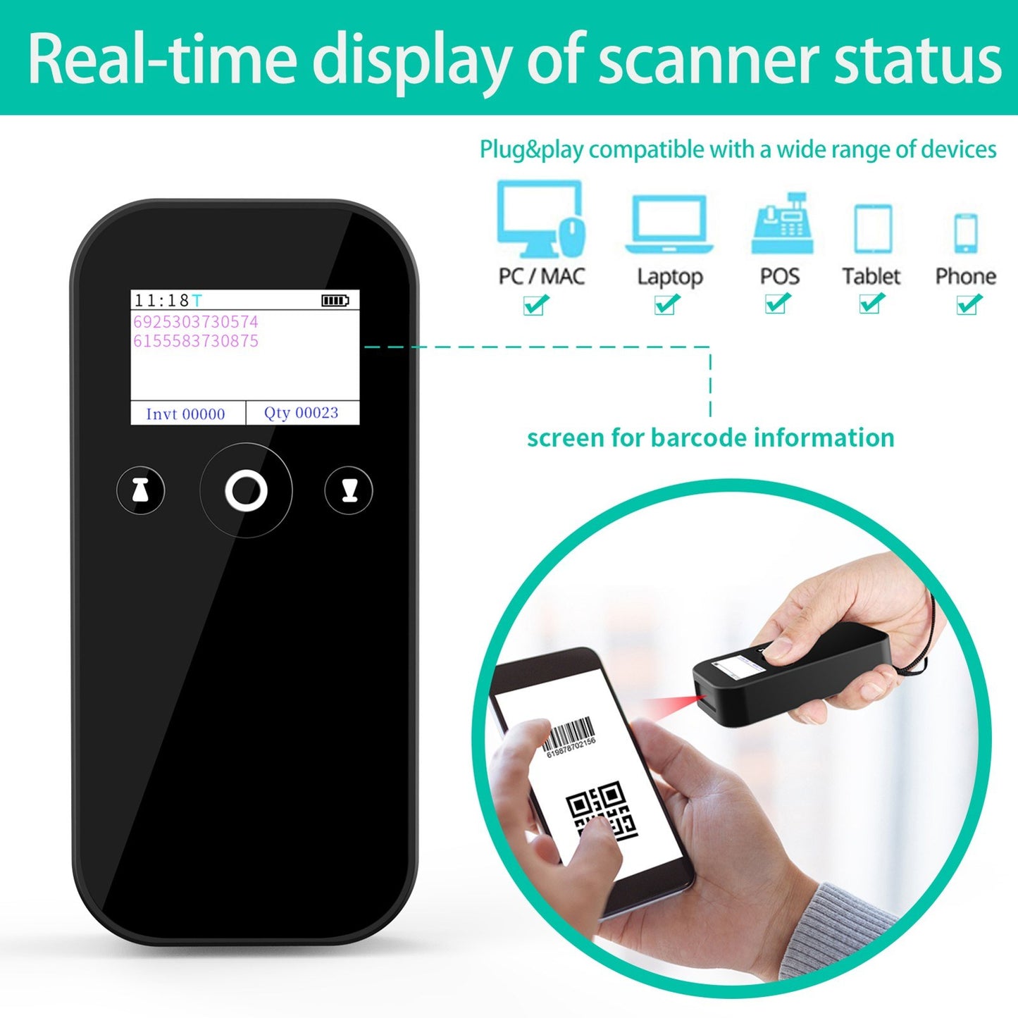 MJ-X4 Wireless 1D/2D Barcode Scanner with Display, USB 2.4G BT Handheld Reader