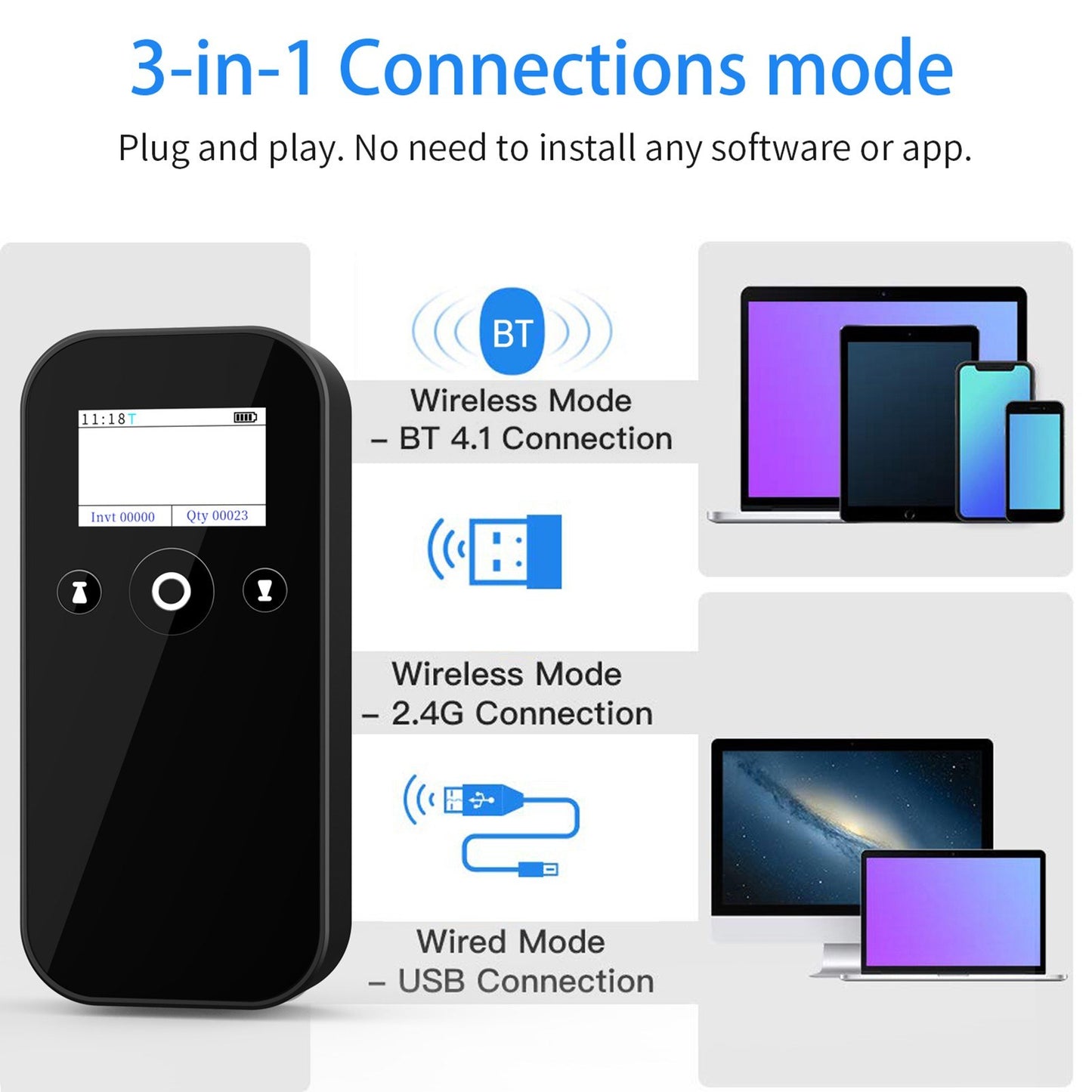 MJ-X4 Wireless 1D/2D Barcode Scanner with Display, USB 2.4G BT Handheld Reader