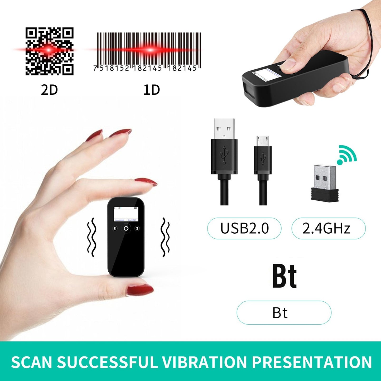 MJ-X4 Wireless 1D/2D Barcode Scanner with Display, USB 2.4G BT Handheld Reader