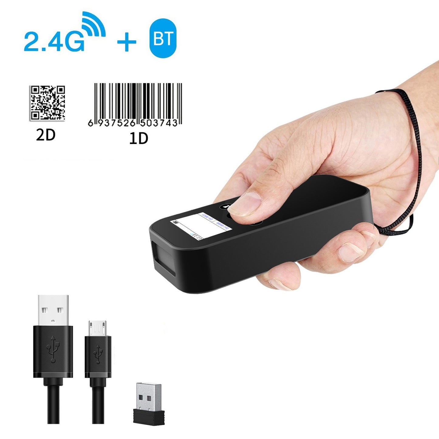 MJ-X4 Wireless 1D/2D Barcode Scanner with Display, USB 2.4G BT Handheld Reader