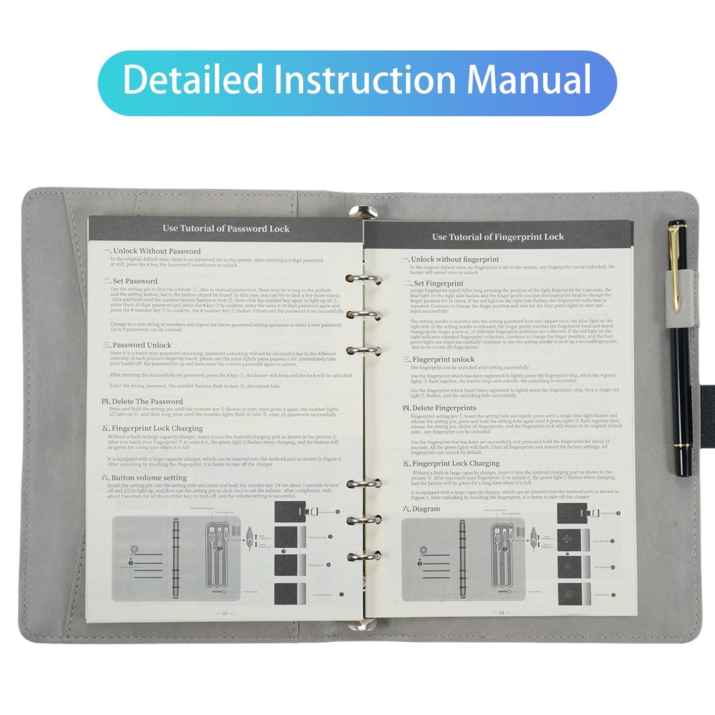 Secure A5 Leather Notebook with Fingerprint Lock & 16GB USB Drive - Lined Journal Planner
