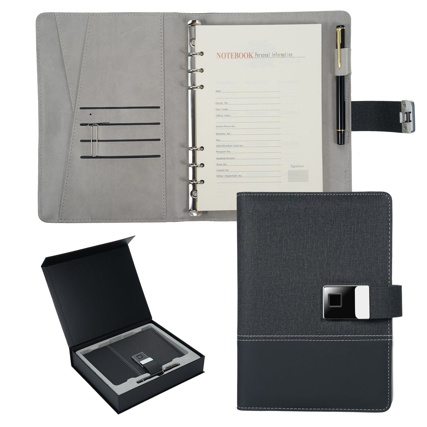 Secure A5 Leather Notebook with Fingerprint Lock & 16GB USB Drive - Lined Journal Planner