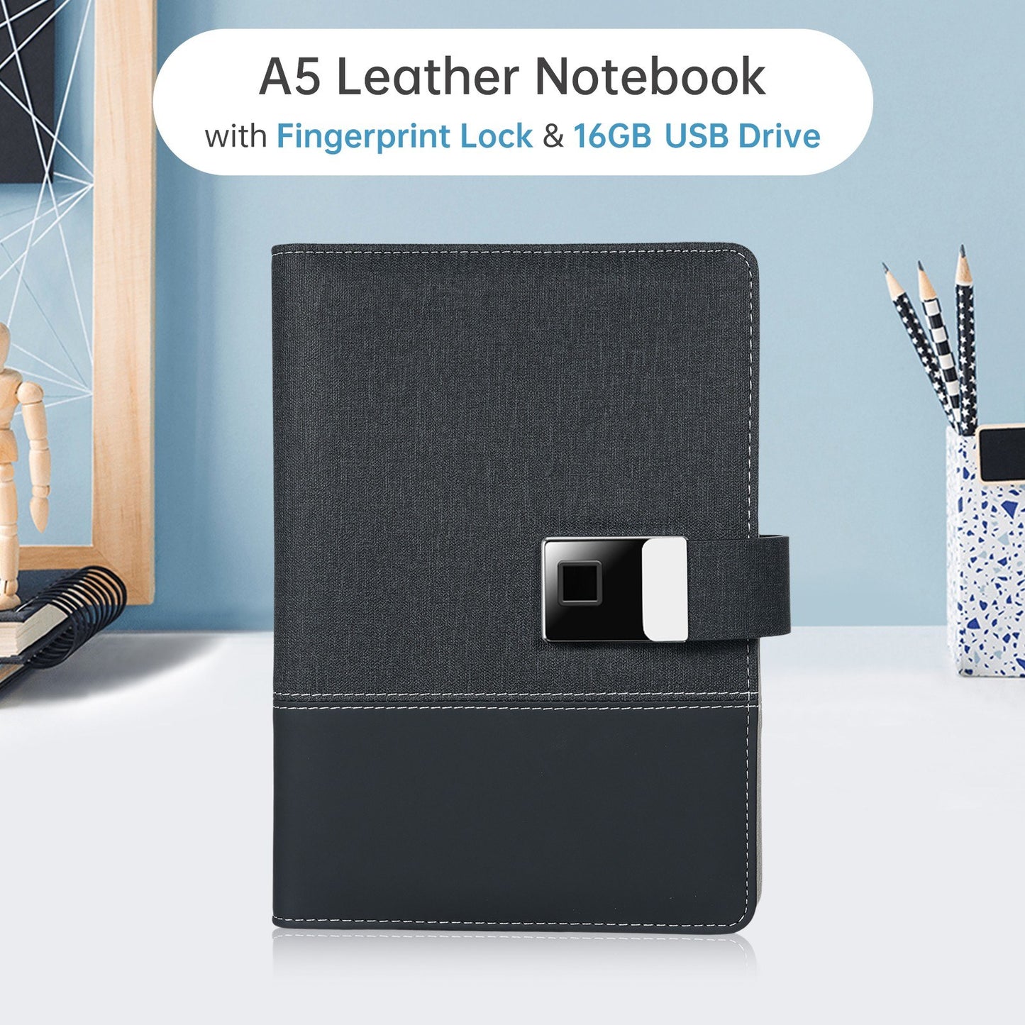 Secure A5 Leather Notebook with Fingerprint Lock & 16GB USB Drive - Lined Journal Planner