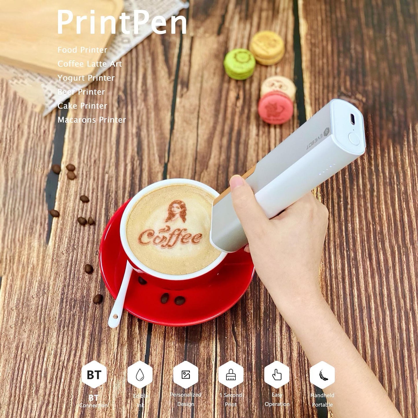 EVEBOT Printpen Handheld Portable Food & Coffee Art Inkjet Printer for DIY Designs