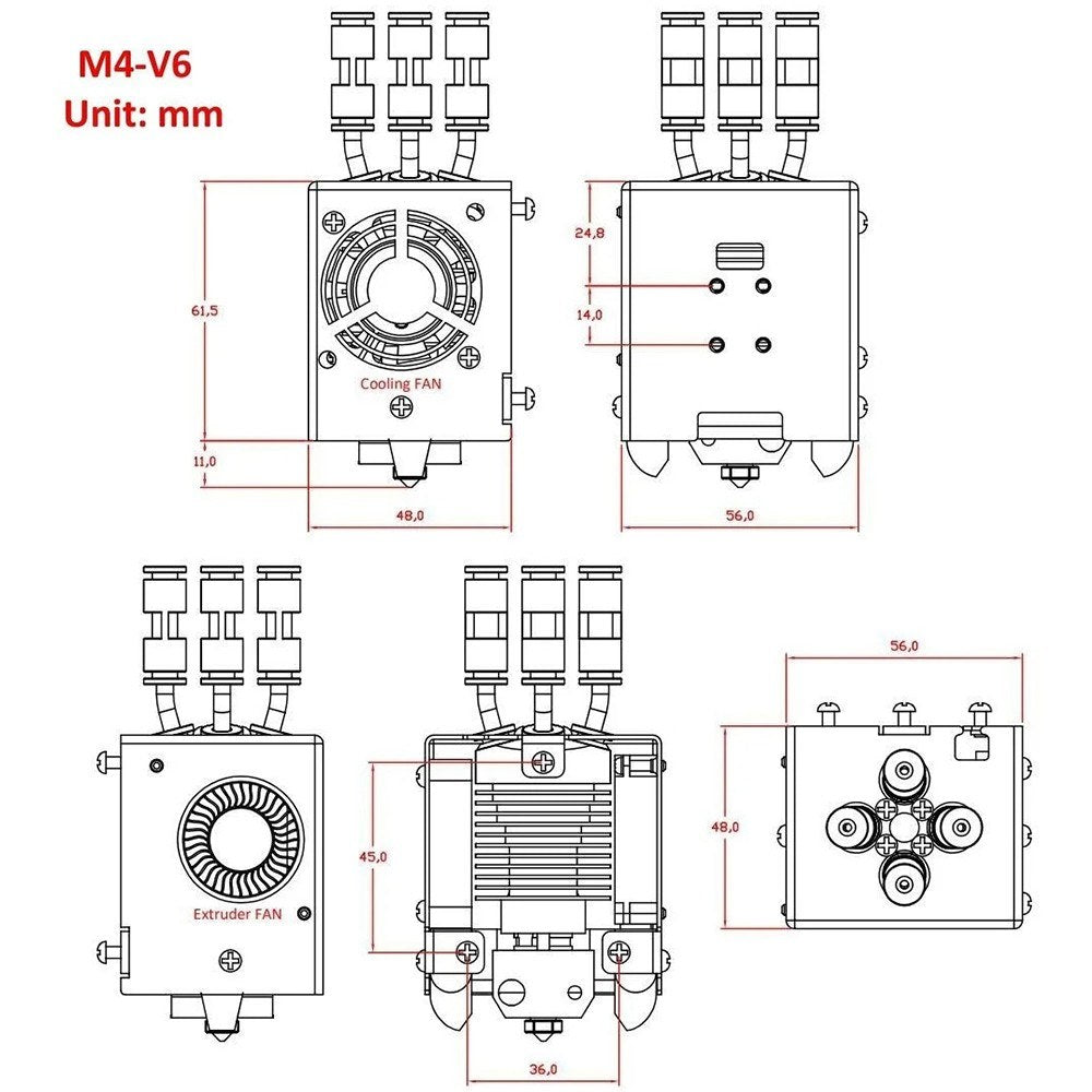 ZONESTAR M4V6 24V Direct Drive Extruder Upgrade Kit, 4-IN-1-OUT Mix Color 3D Printer Hotend, Supports 4 Colors with V6 Nozzle