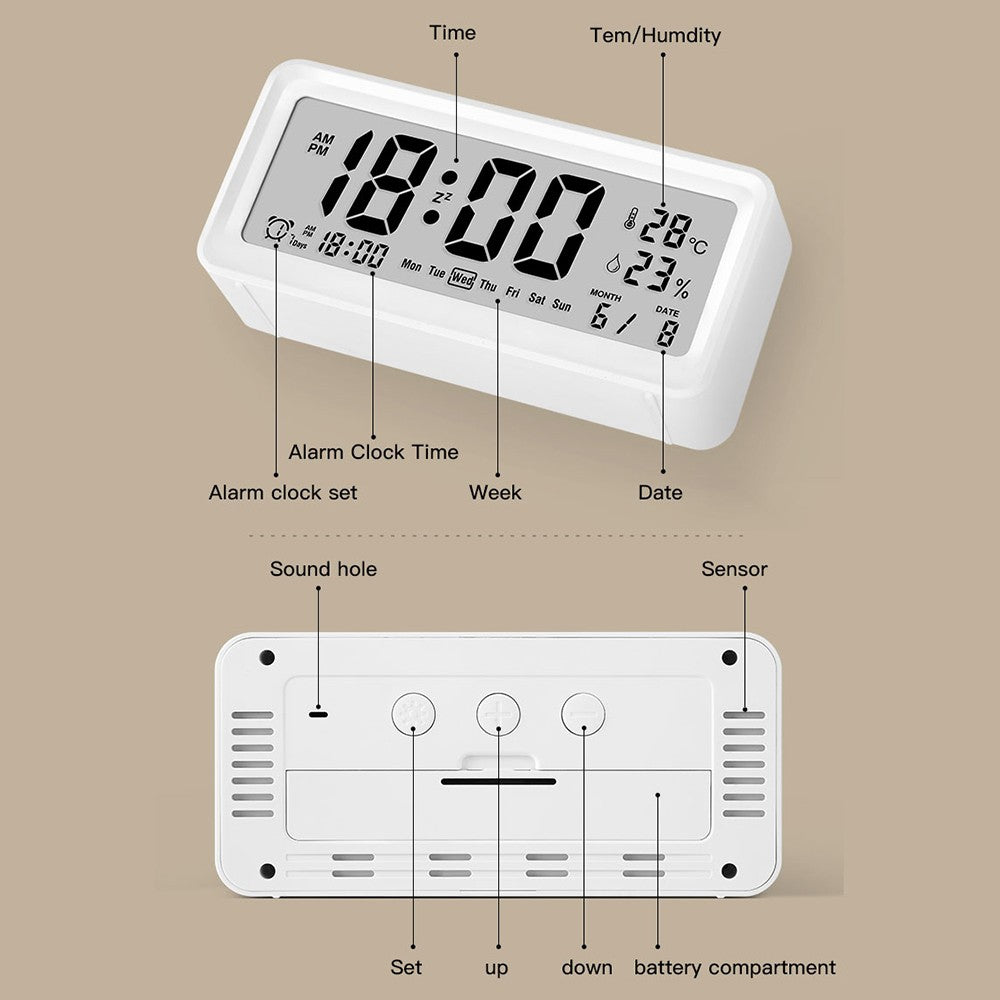 Digital Alarm Clock with Large LCD Screen, Weekday, Temperature & Humidity Display, Backlight