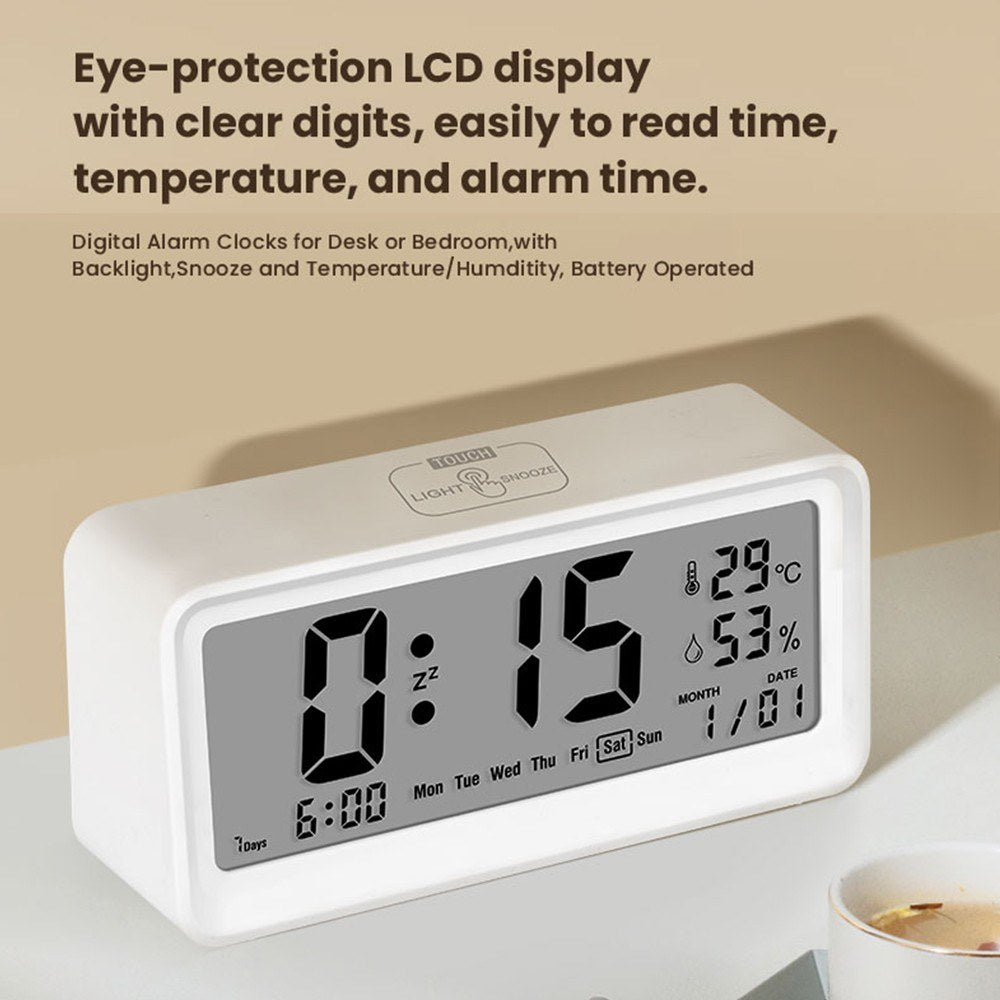 Digital Alarm Clock with Large LCD Screen, Weekday, Temperature & Humidity Display, Backlight