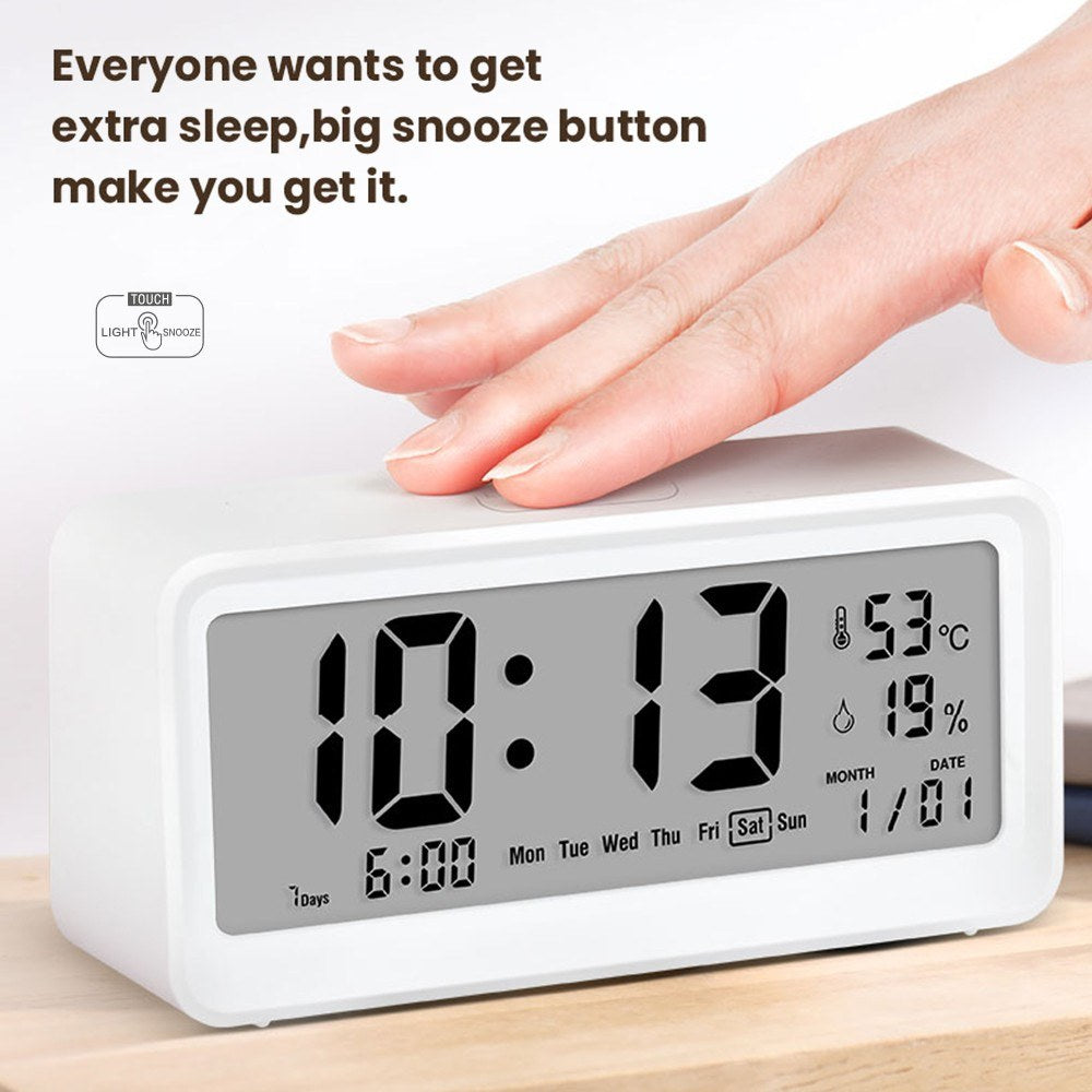 Digital Alarm Clock with Large LCD Screen, Weekday, Temperature & Humidity Display, Backlight