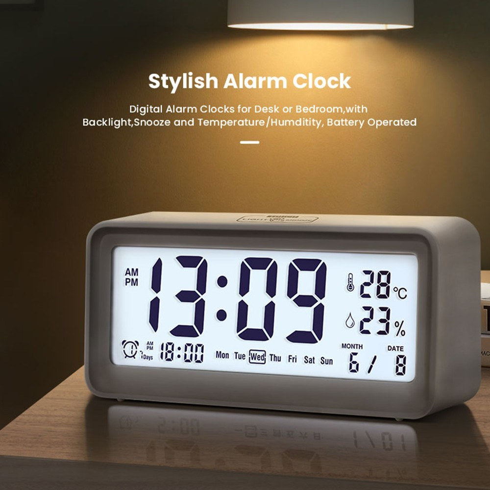 Digital Alarm Clock with Large LCD Screen, Weekday, Temperature & Humidity Display, Backlight