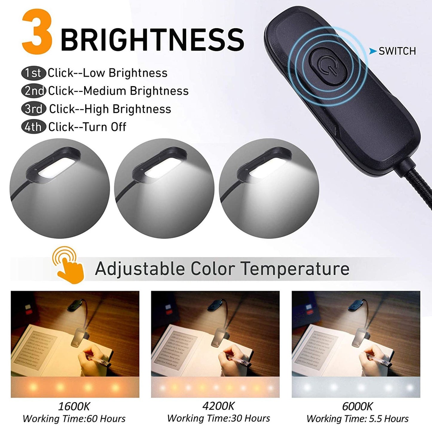 Portable USB Rechargeable Clip-On LED Reading Light for Bedtime Books