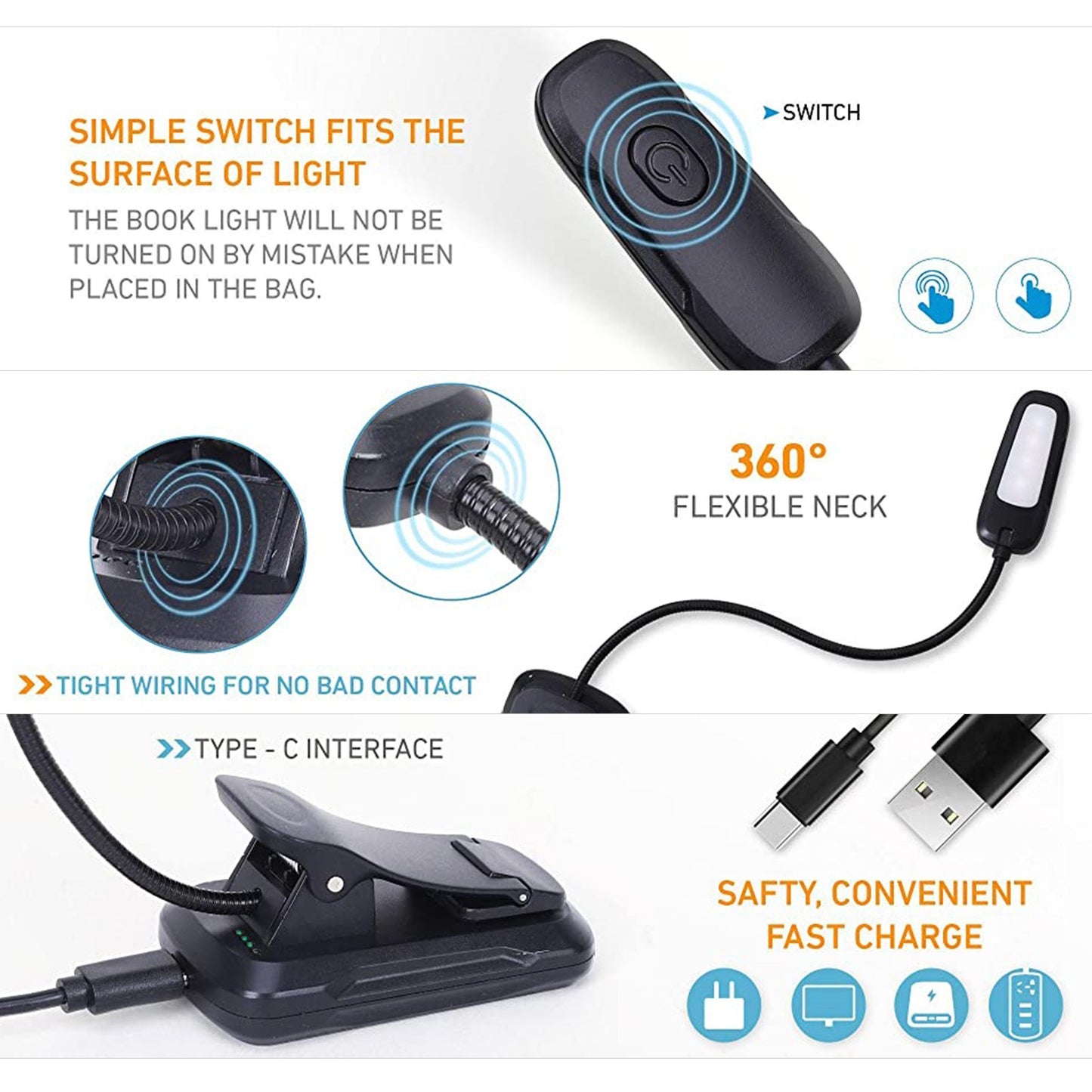Portable USB Rechargeable Clip-On LED Reading Light for Bedtime Books