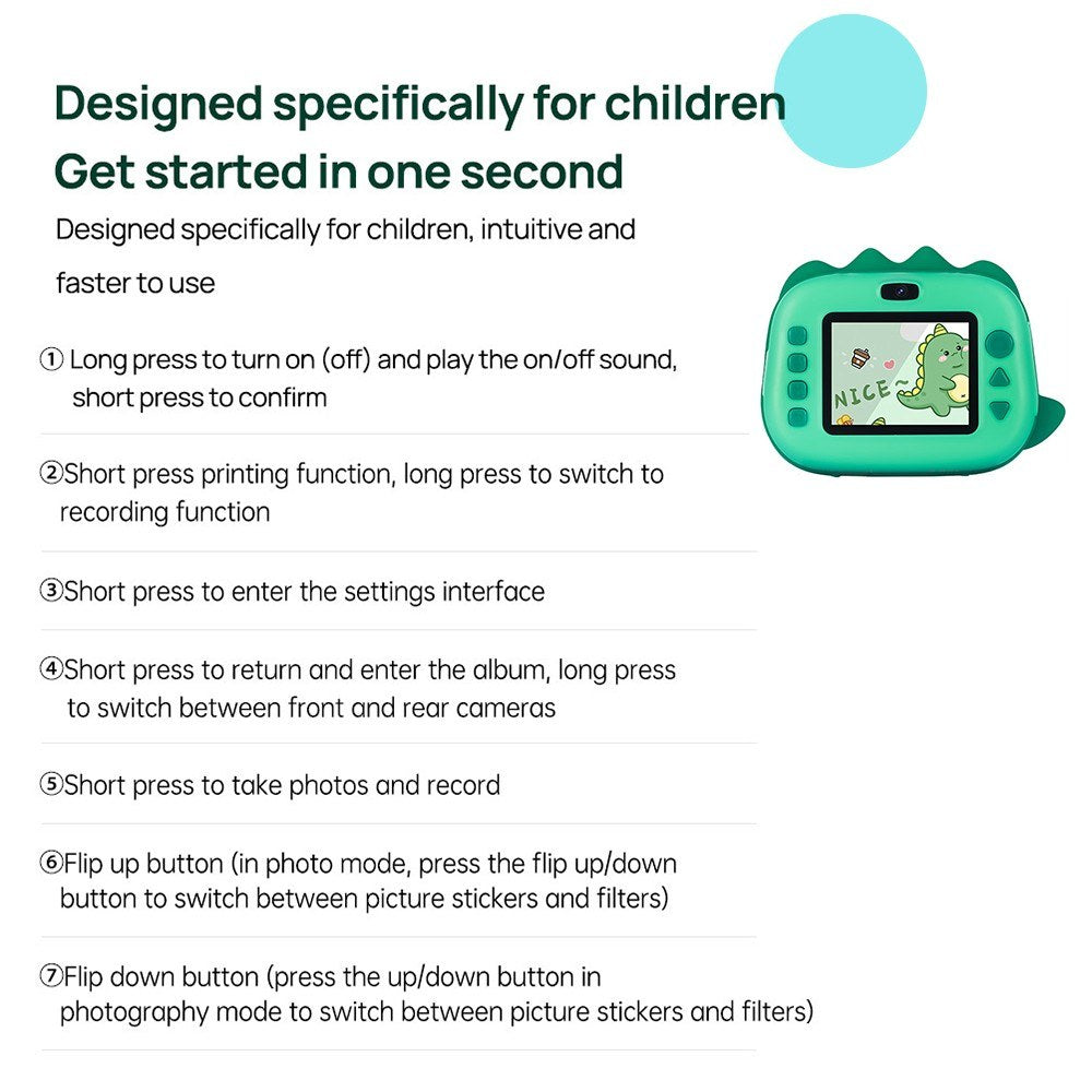 Instant Kids Camera with Thermal Printer, 2.4 Dual Screen, Timer, 1080P Video, Inkless Printing + 3 Paper Rolls