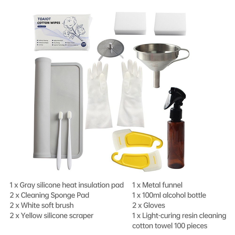 3D Printer Resin Cleaning Kit: Scraper, Silicone Mat, Funnel Filter, Spray Bottle, Gloves, Brush