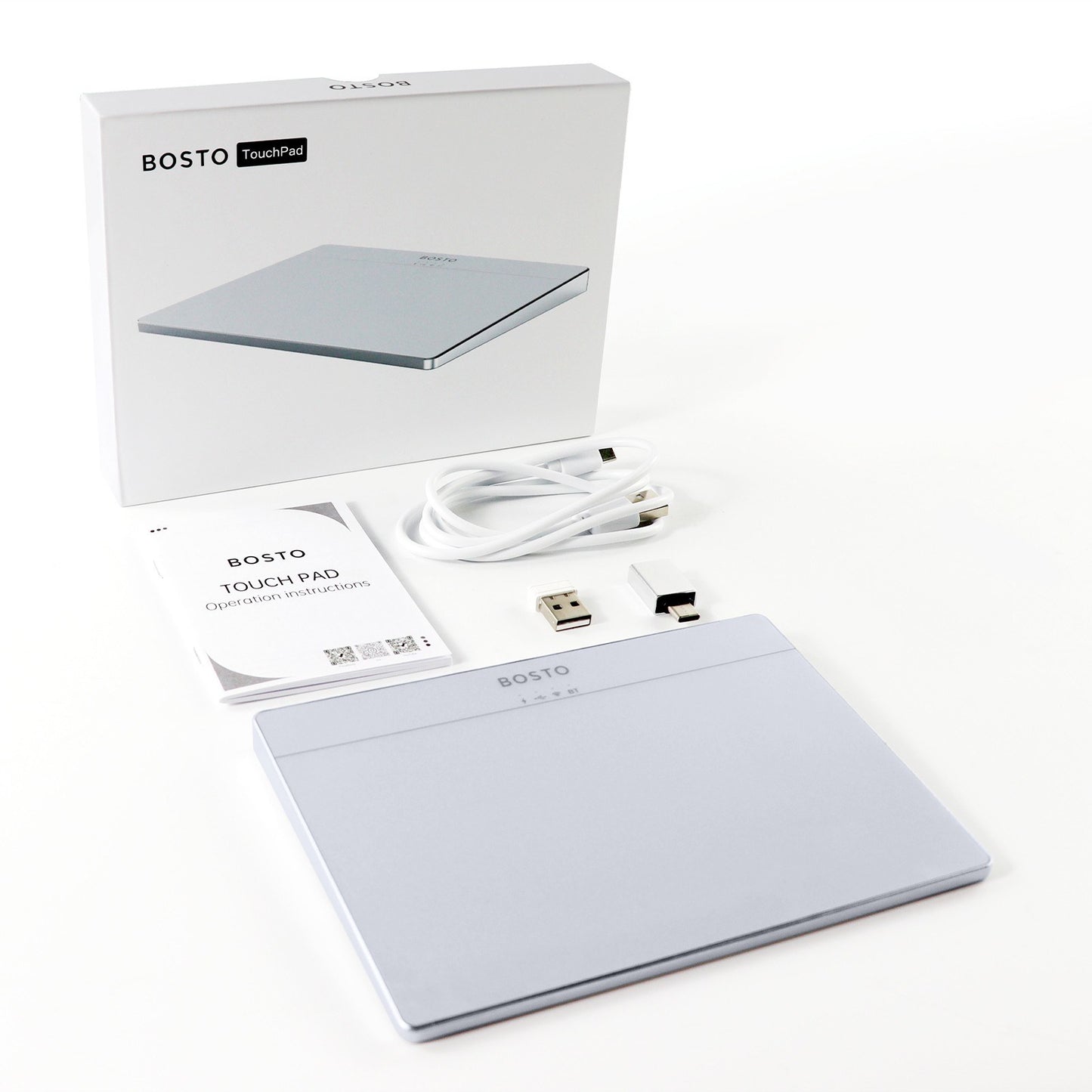 BOSTO T02 Ultra Slim Touchpad: Wired & Wireless 2.4G, Bluetooth, USB, Tempered Glass Portable Trackpad