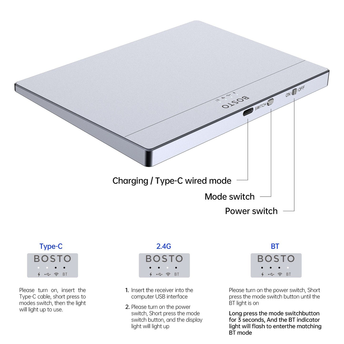 BOSTO T02 Ultra Slim Touchpad: Wired & Wireless 2.4G, Bluetooth, USB, Tempered Glass Portable Trackpad