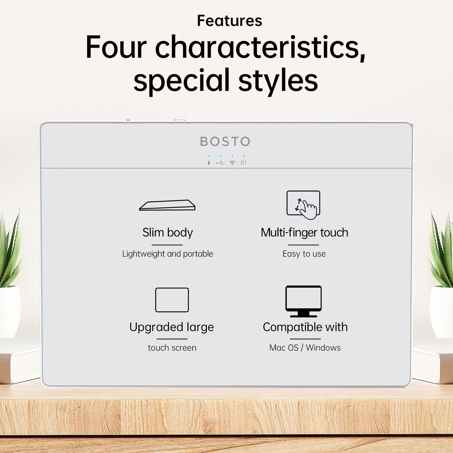BOSTO T02 Ultra Slim Touchpad: Wired & Wireless 2.4G, Bluetooth, USB, Tempered Glass Portable Trackpad