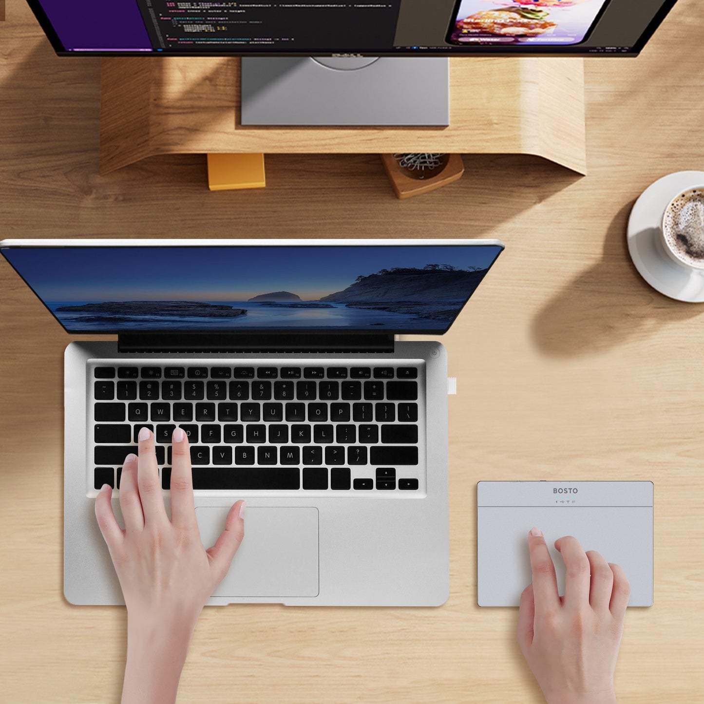 BOSTO T02 Ultra Slim Touchpad: Wired & Wireless 2.4G, Bluetooth, USB, Tempered Glass Portable Trackpad
