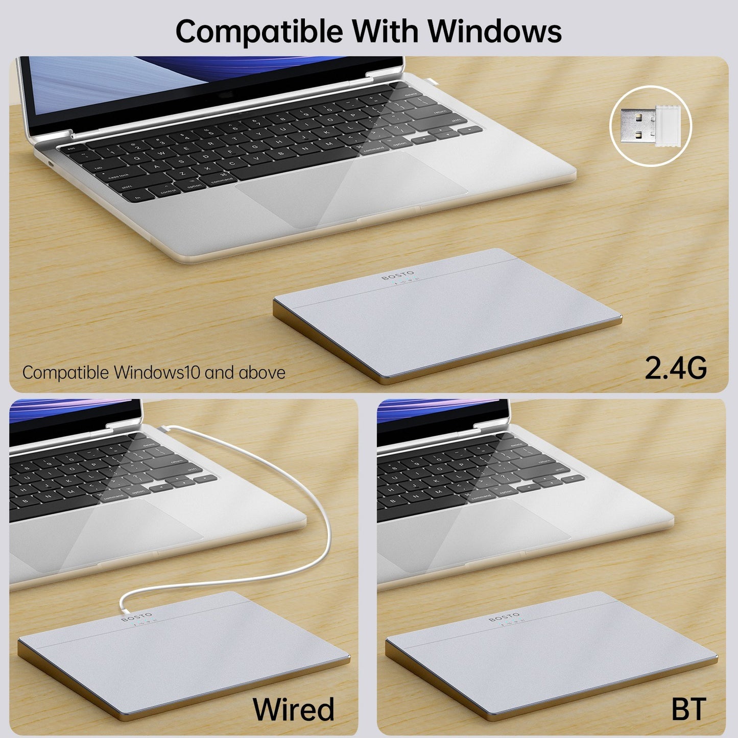 BOSTO T02 Ultra Slim Touchpad: Wired & Wireless 2.4G, Bluetooth, USB, Tempered Glass Portable Trackpad