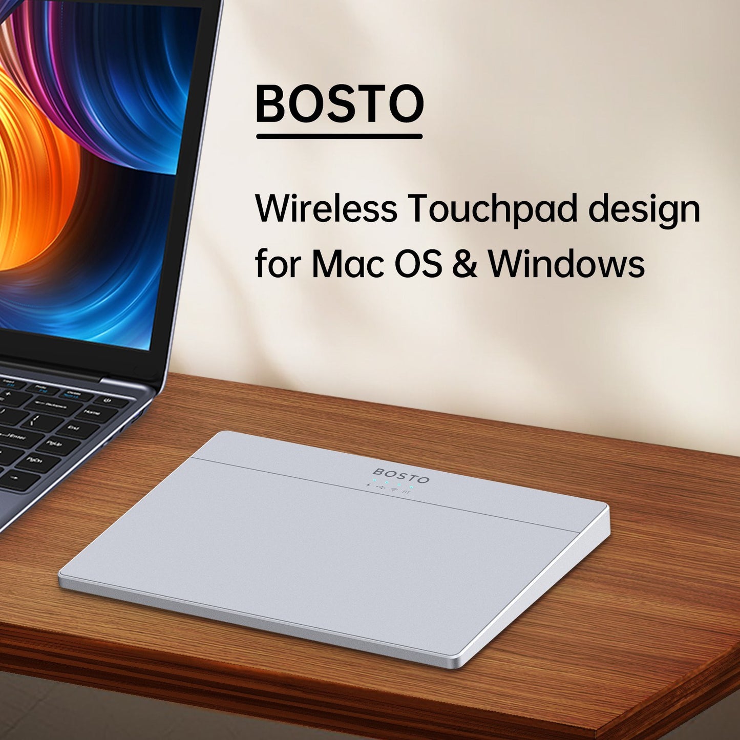 BOSTO T02 Ultra Slim Touchpad: Wired & Wireless 2.4G, Bluetooth, USB, Tempered Glass Portable Trackpad