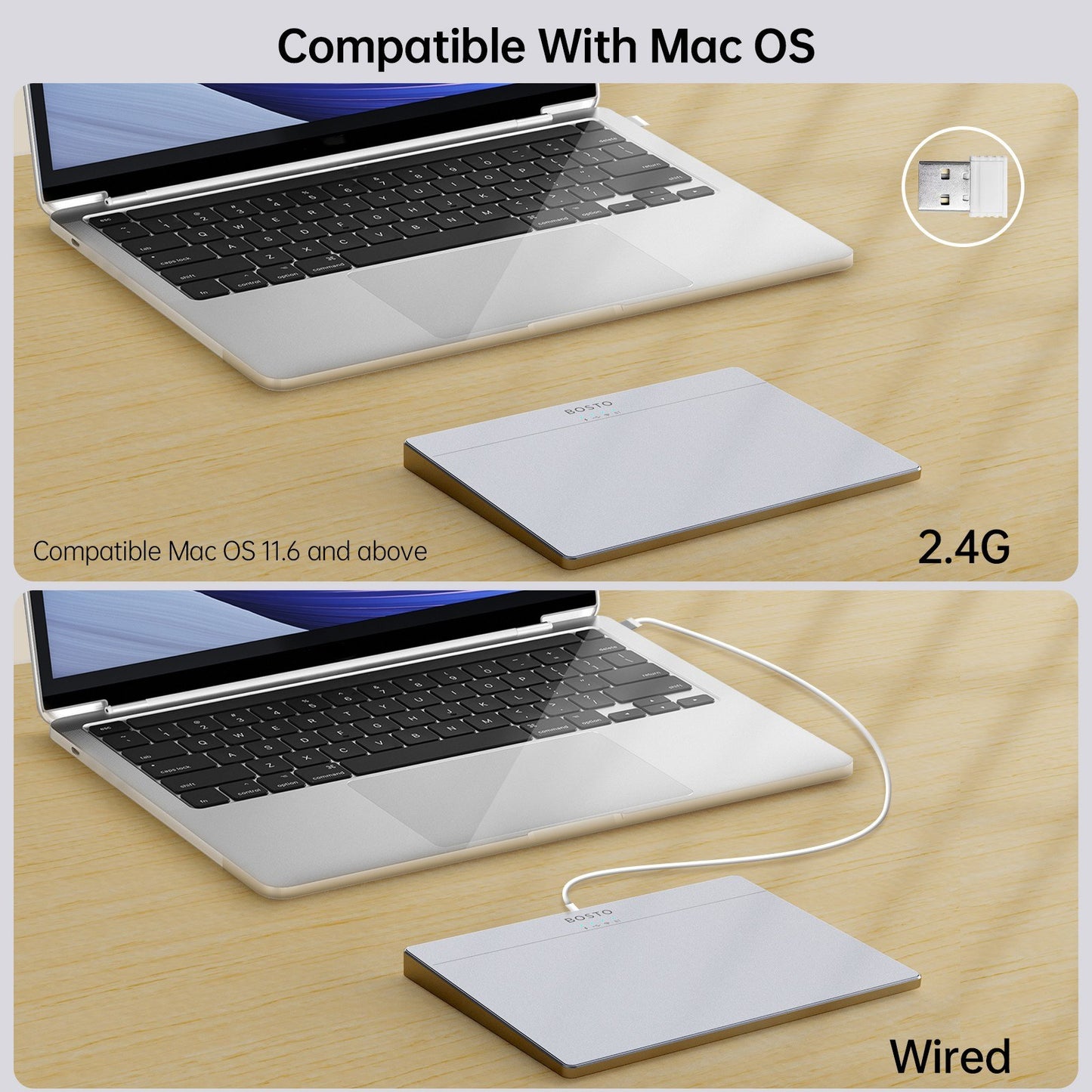 BOSTO T02 Ultra Slim Touchpad: Wired & Wireless 2.4G, Bluetooth, USB, Tempered Glass Portable Trackpad