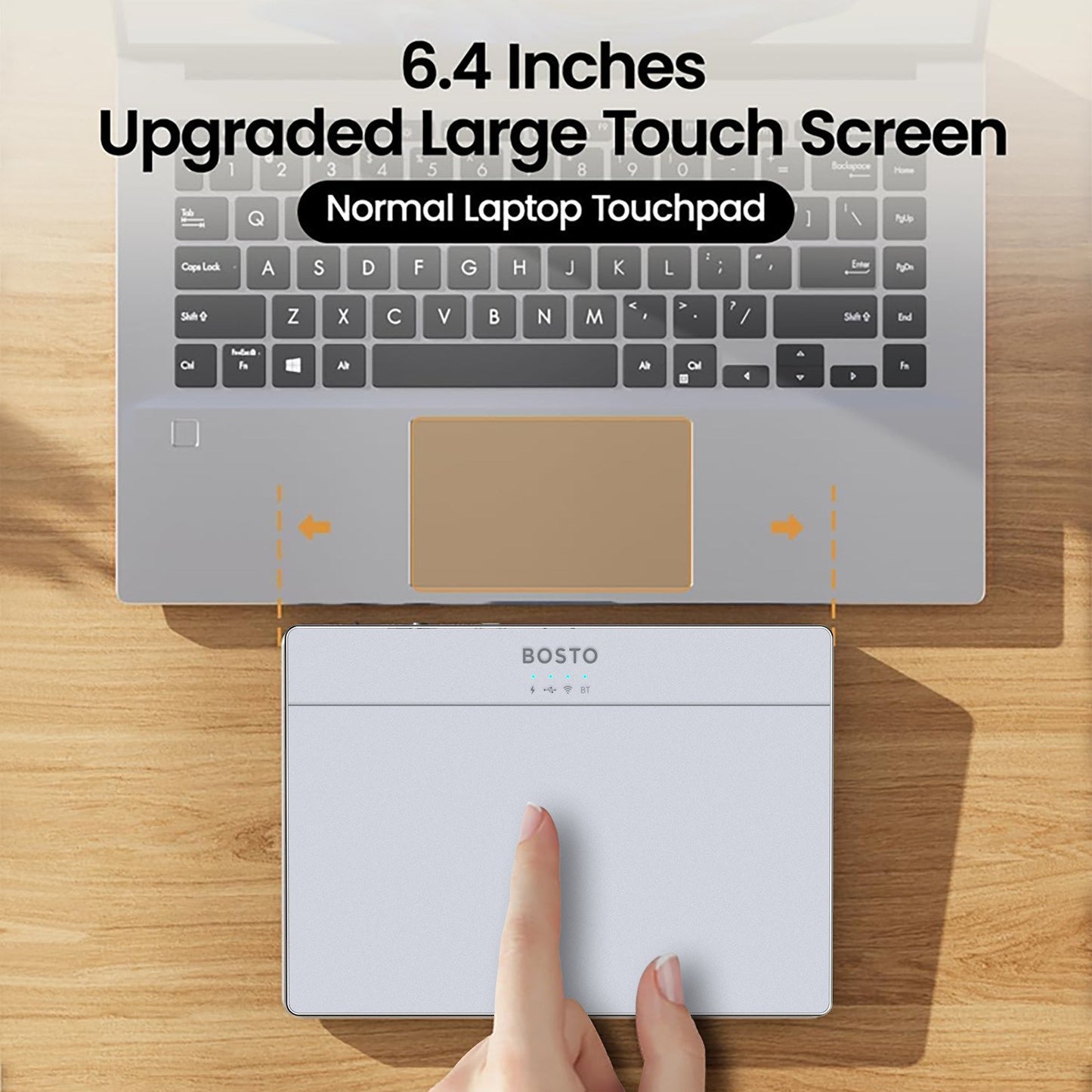 BOSTO T02 Ultra Slim Touchpad: Wired & Wireless 2.4G, Bluetooth, USB, Tempered Glass Portable Trackpad