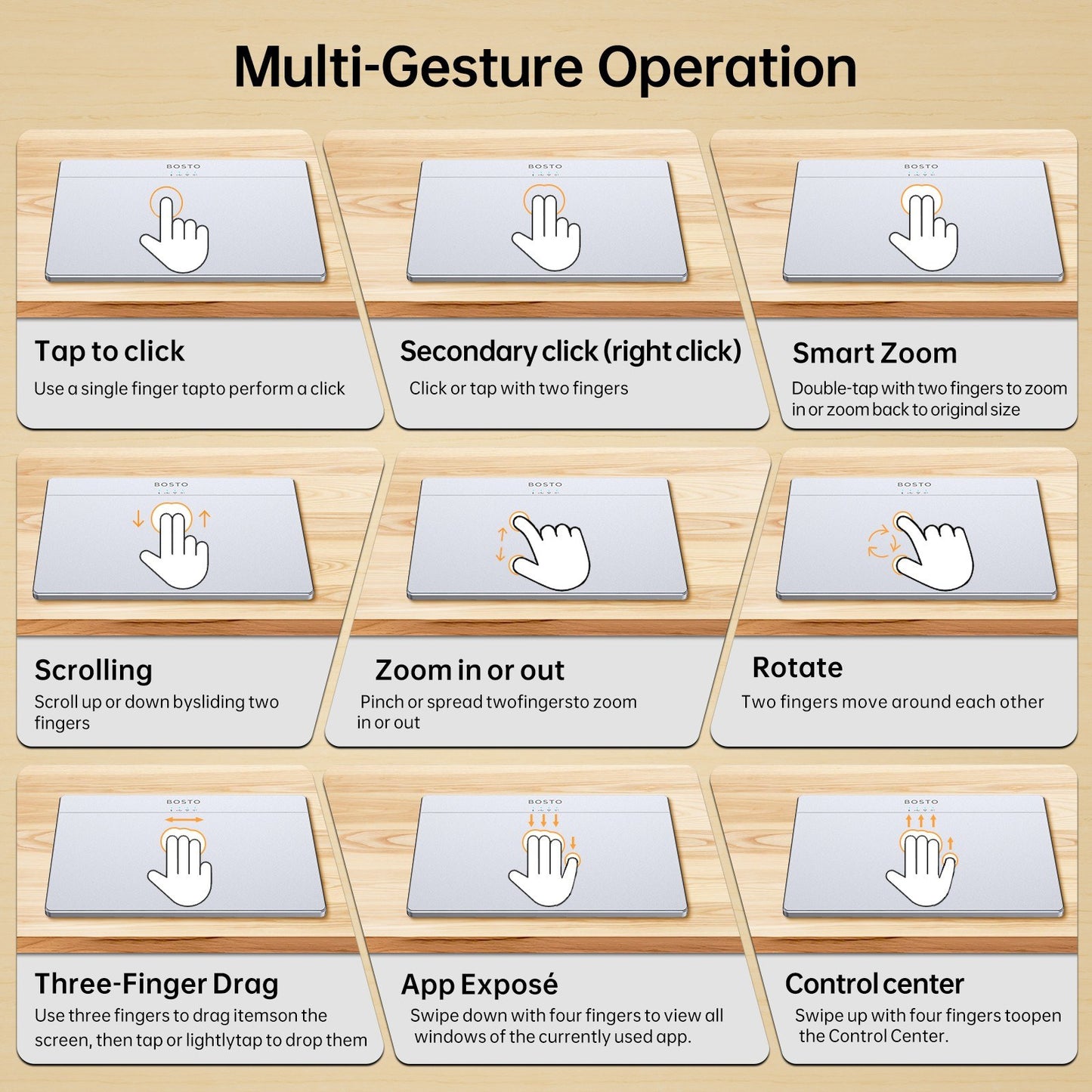 BOSTO T02 Ultra Slim Touchpad: Wired & Wireless 2.4G, Bluetooth, USB, Tempered Glass Portable Trackpad