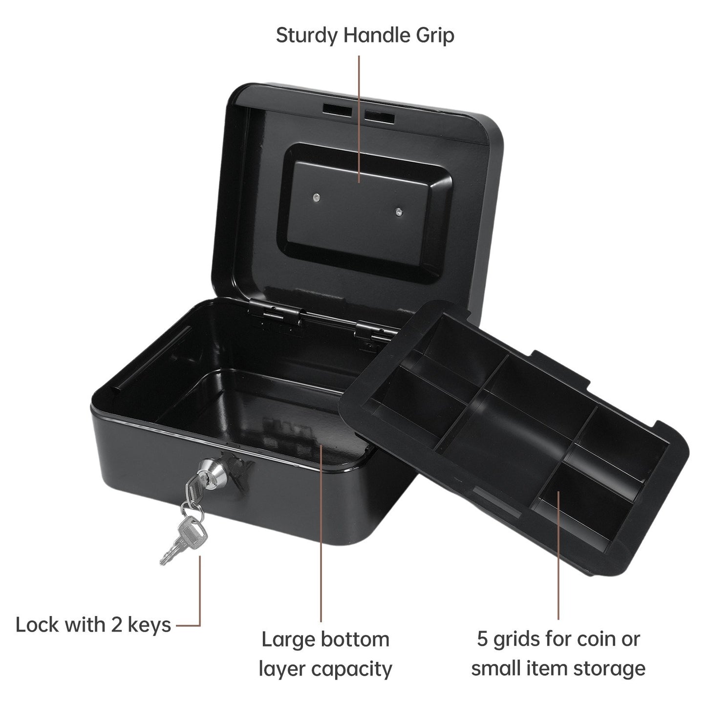 Secure Cash Box with Detachable Tray & 2 Keys - Money, Coin, Receipts & Valuables Safe for Small Business