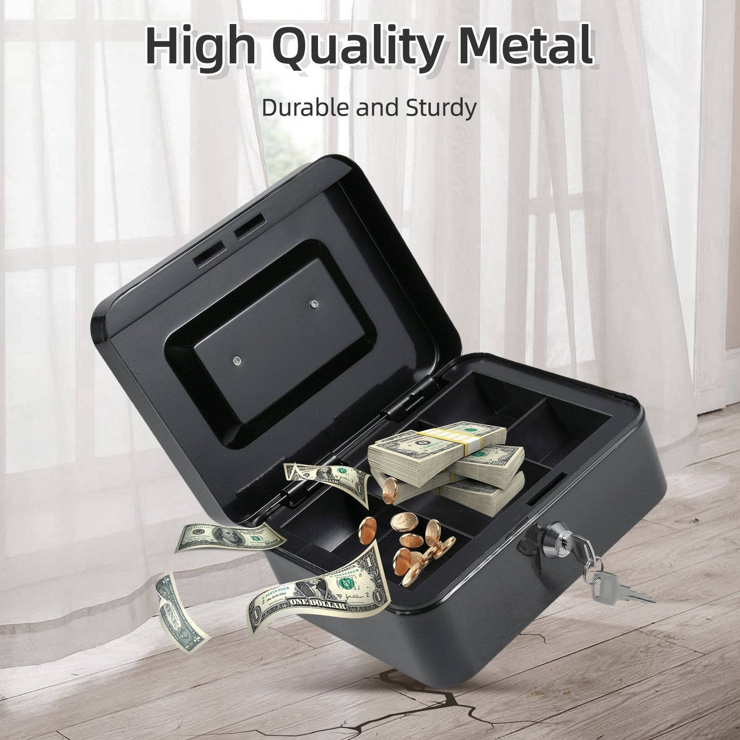 Secure Cash Box with Detachable Tray & 2 Keys - Money, Coin, Receipts & Valuables Safe for Small Business